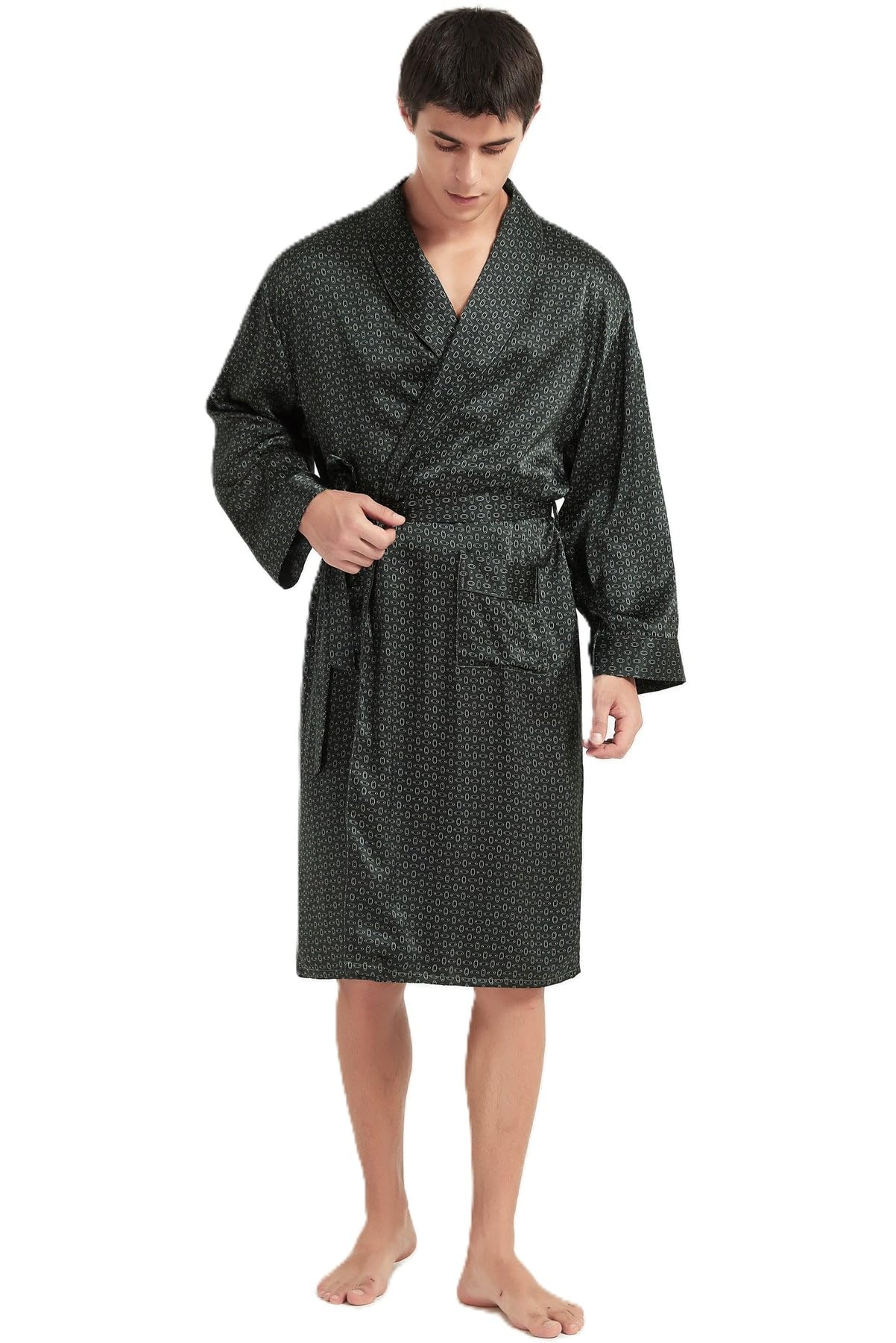 Men's 100% Mulberry Silk Long Robe Kimono Paisley Print Bath Robe, Heavy Silk 19 Momme Dressing Gown
