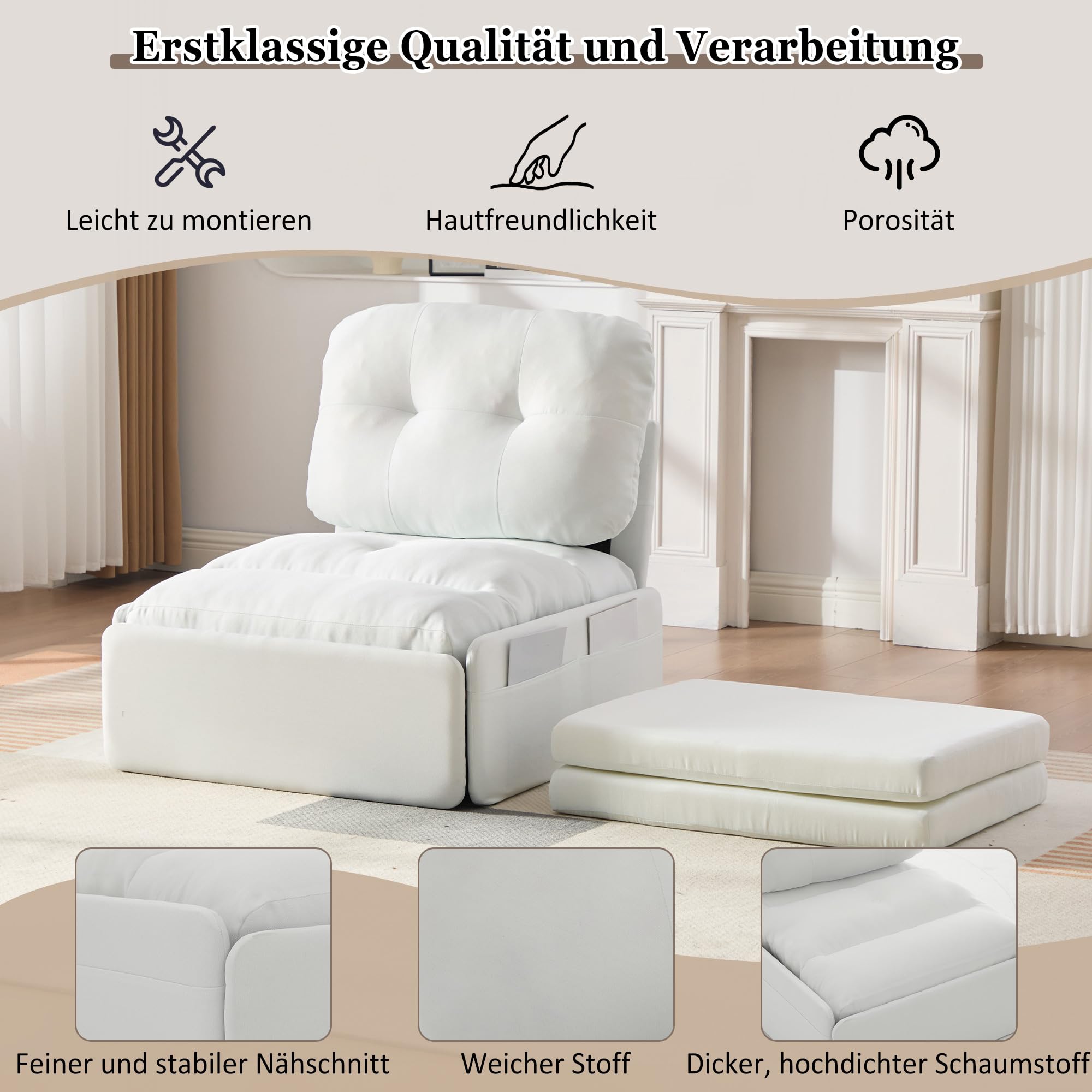 Fotel 1-osobowy z funkcją spania bez podłokietników Rozkładana sofa z funkcją łóżka, sofa z funkcją spania, pościel z lnu, ładowność 136 kg, łóżko dla gości, fotel jednoosobowy do salonu