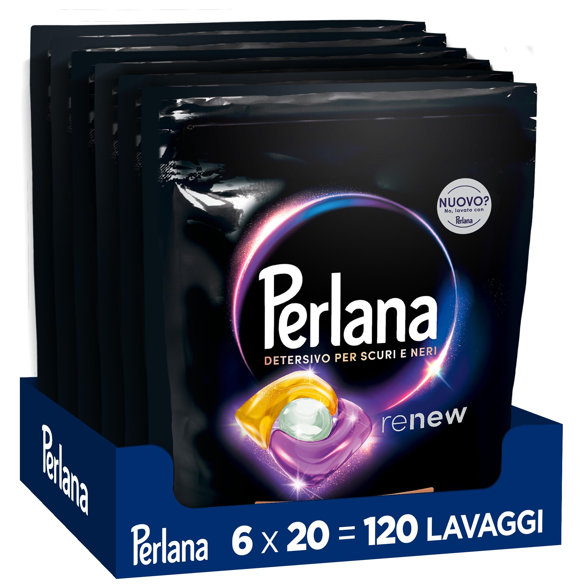 Perlana Detersivo Caps per Scuri e Neri (6 confezioni da 20 Caps), Detersivo lavatrice in capsule per tutti i capi scuri, Detersivo capi neri per pulizia delicata e fibre rinnovate