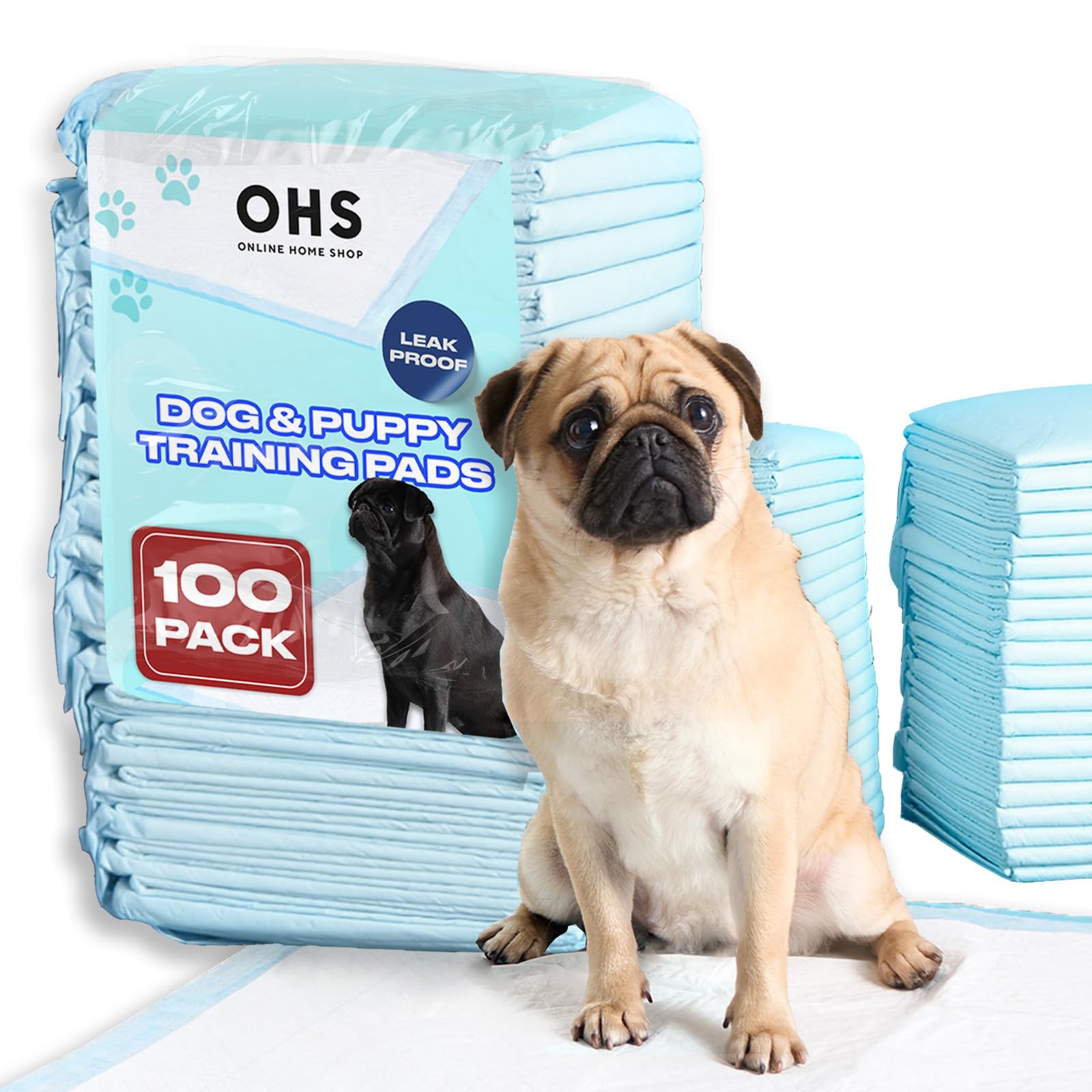 OHS Puppy Pads 100 Pack Large Size 60x60 cm, Super Absorbent Puppy Training Pads Anti Slip Leakproof Quick Dry Surface Puppy Mats Layered Dog Pads, Blue