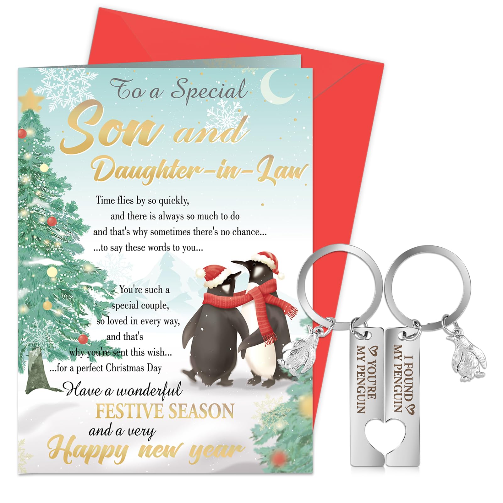 DPKOW Son and Daughter in Law Christmas Card Gifts, Son and Partner Christmas Card Keyrings Xmas Greetingcard with Envelope, Couples Keyrings Keychains Stocking Fillers Xmas Party Favors Holiday Gifts