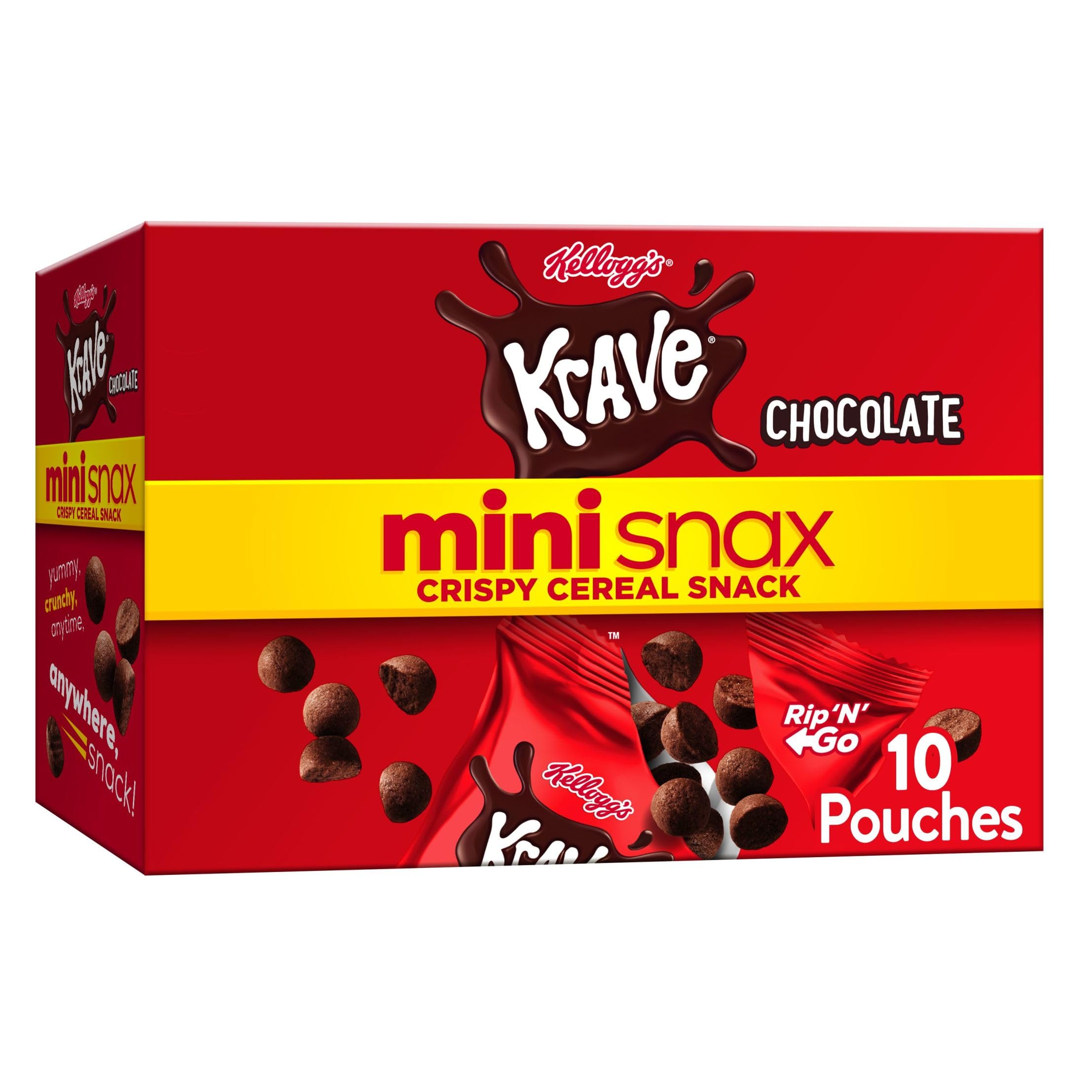 Kellogg's Krave Mini Snax Crispy Cereal Snacks, Kids Snacks, Lunch Snacks, Chocolate, 9.5oz Box (10 Pouches)