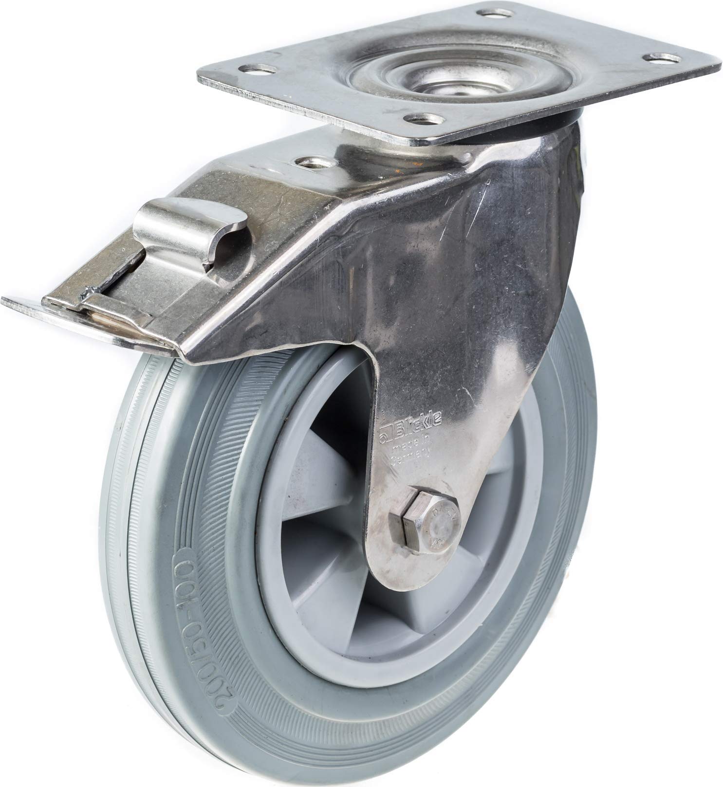 Roulettes en acier inoxydable de 200 mm (8") avec bandage en caoutchouc gris, avec frein et fixes, charge maximale de 820 kg, lot de 4