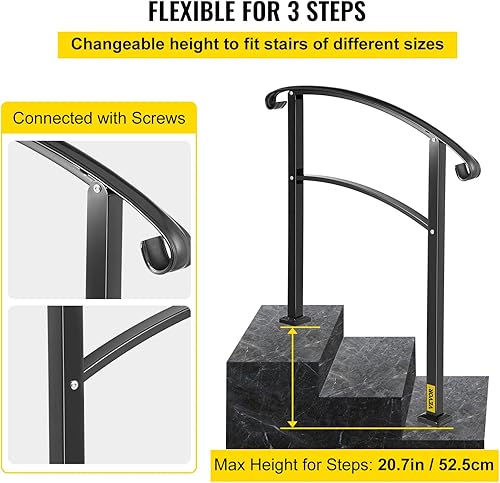 Miniatura 34 de VEVOR Pasamanos de escalera de metal ajustable para escalones al aire libre, 2-3 escalones, arco negro #1, barandillas gruesas para escaleras