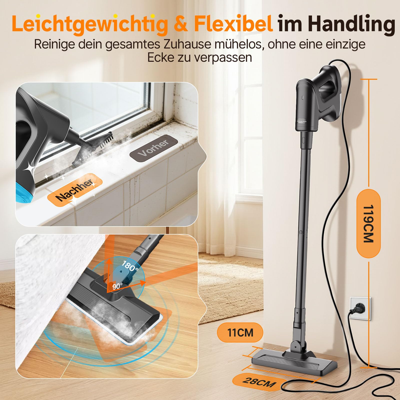 Nettoyeur Vapeur, Balai Vapeur démontable chauffe en 15s, 145℃ nettoyage à la vapeur sans produits chimiques, Steam Cleaner Portable pour Parquets Carrelages Joints Fenêtres Salles de Bains Cuisines
