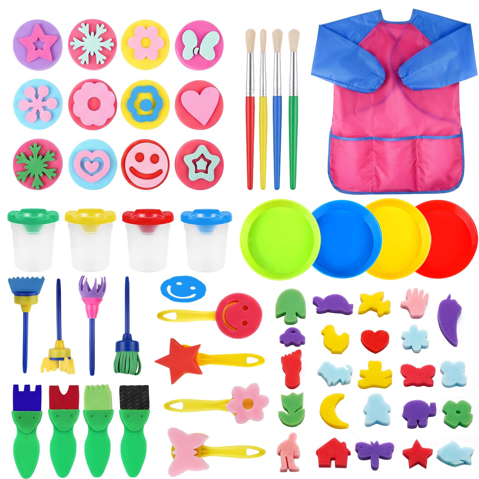 61Pcs Kids Sponge Painting Set, Foam Paint Brushes Set with Paint Cups, Bowls & Waterproof Apron for Kids Art Crafts,Toddlers Early Education