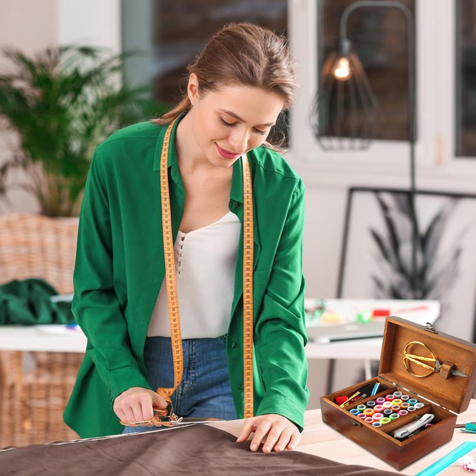 WANDGU Set di 37 scatole in legno con kit di cucito di base e accessori di alta qualità