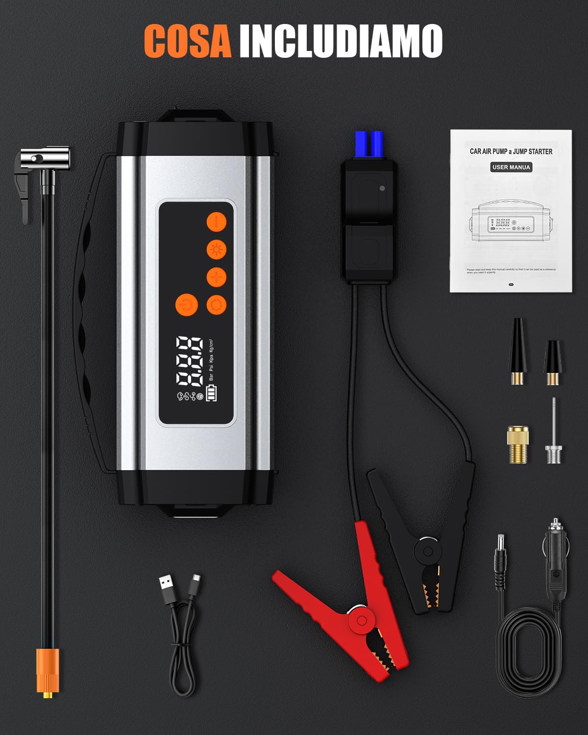Onherm 7-in-1 Booster Avviatore Auto con Compressore 150PSI, 2000A Avviatore Batteria Auto/Moto per 12V 8L Benzina e 5L Diesel, Avviatore Emergenza con Torcia, Jump Starter con USB-C e Display LCD