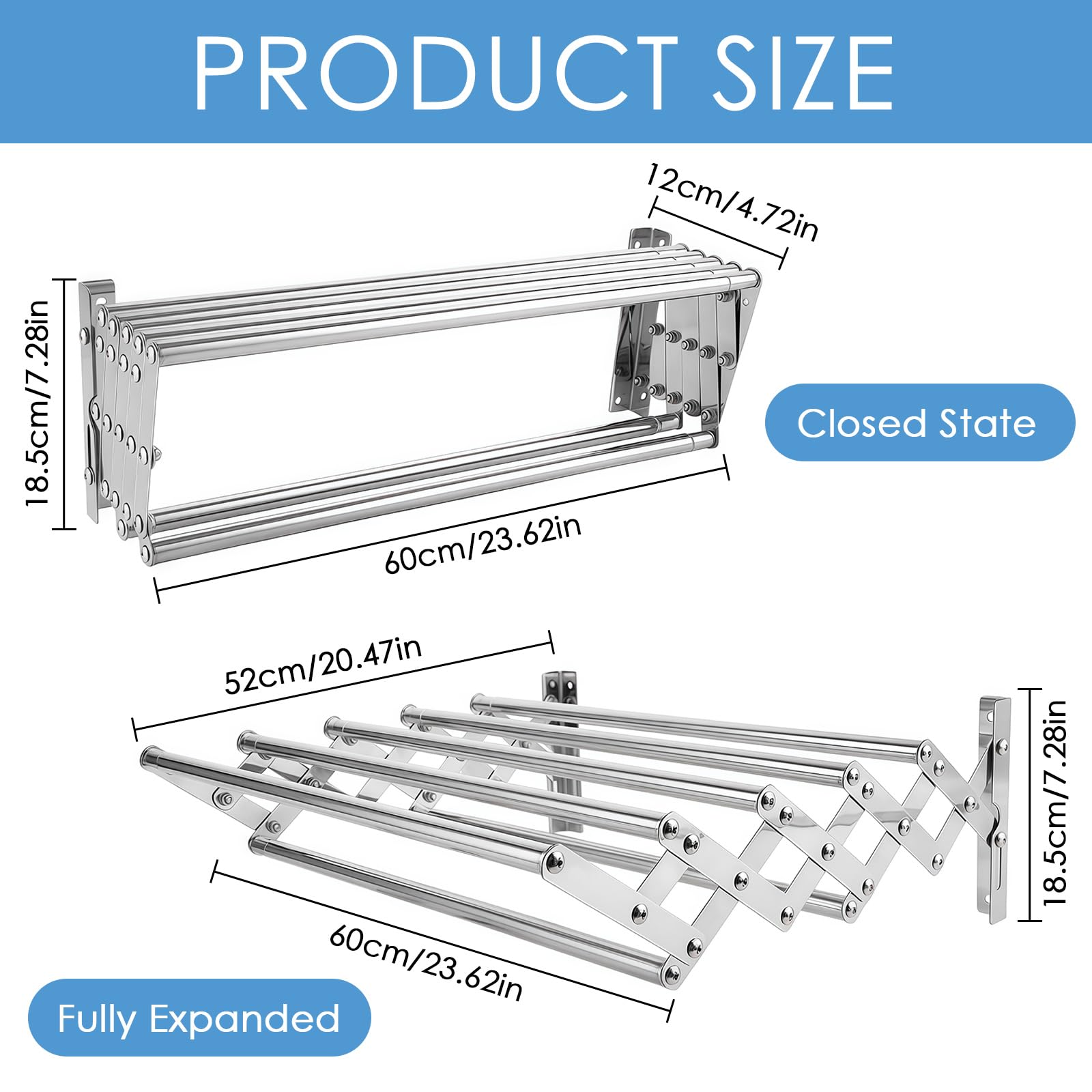Tendedero Extensible Pared, Tendedero Plegable de Pared con 7 Barras, Interior y Exterior, 60x52x18,5 cm