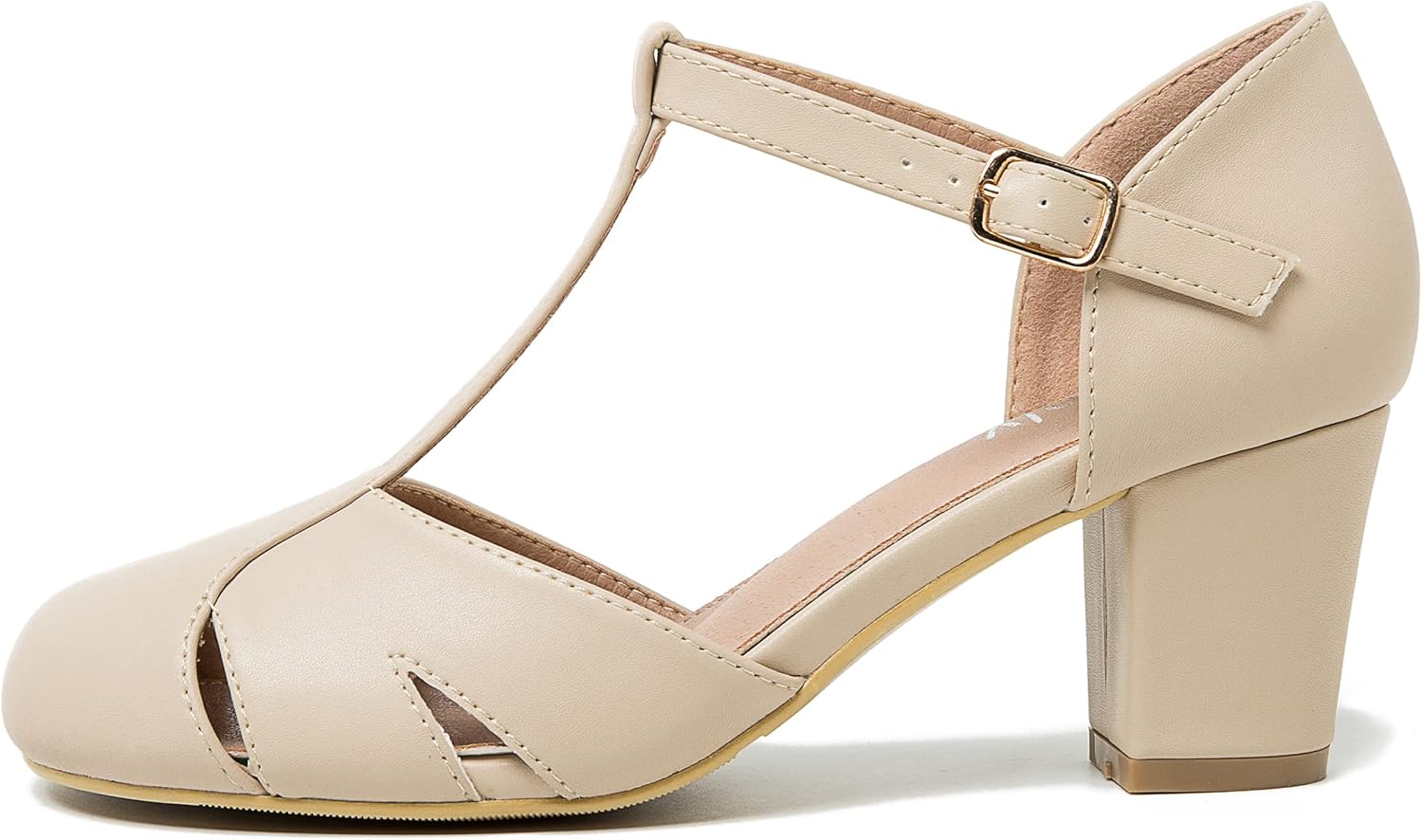 Women's T-Strap Block Heel Pumps, Ankle Buckle Closure, Classic Cut Out Round Toe Dress Shoes - Image 6