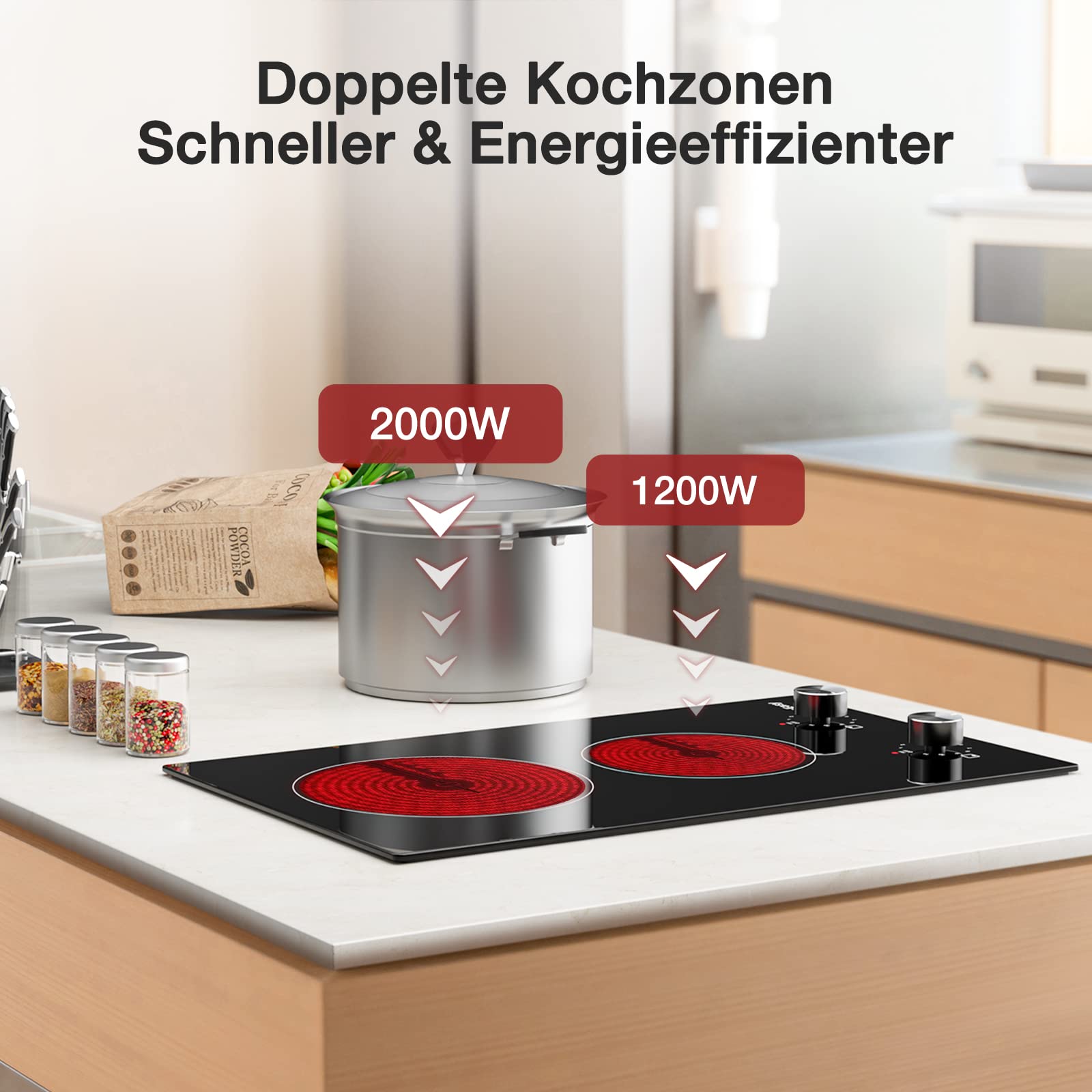 IsEasy Domino Glaskeramikkochfeld 2 Platten 3200W 29.5cm 11 Leistungsstufen Schwarz