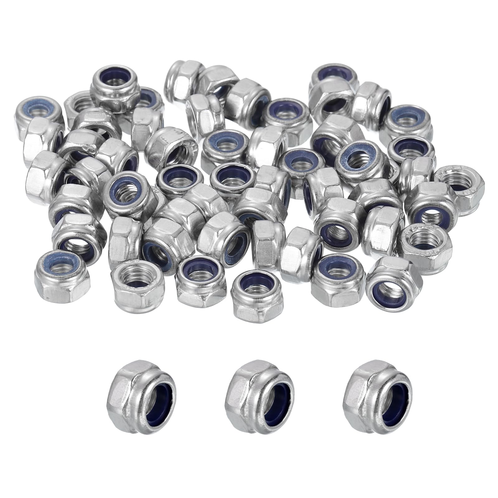 sourcing map 60 Pcs M5x0.8mm Nylon Insert Lock Nuts, 304 Stainless Steel Self-Locking Coarse Thread Hex Nuts Fasteners for Furniture, Electronic, Machine, DIY