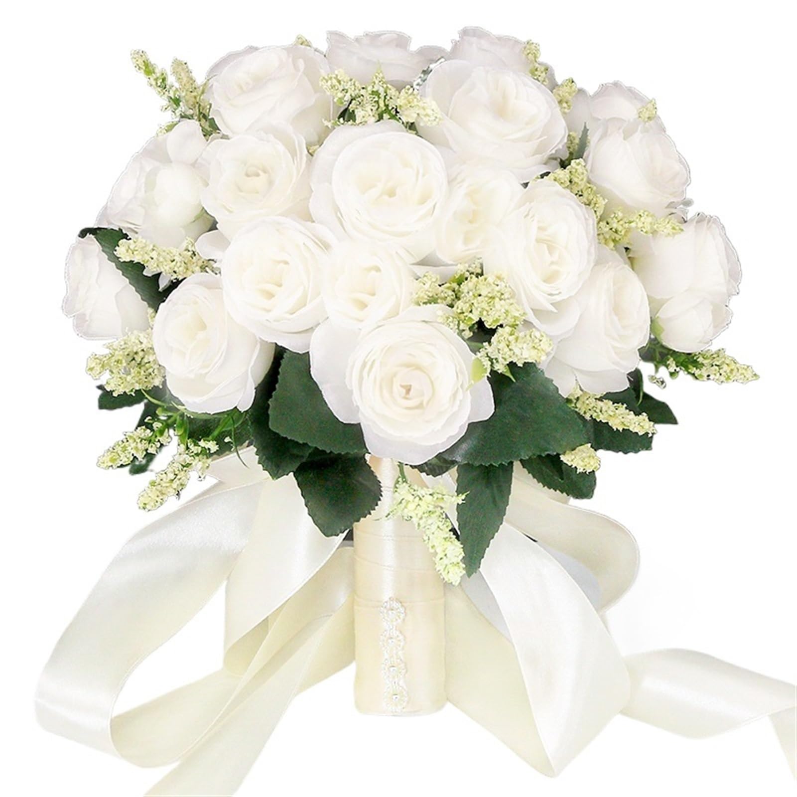 ZGCrumphant Artificial Wedding Bouquet Wedding Bouquet Bride Accessories Silk Ribbon Artificial Roses Holding Flowers Mariage(White)