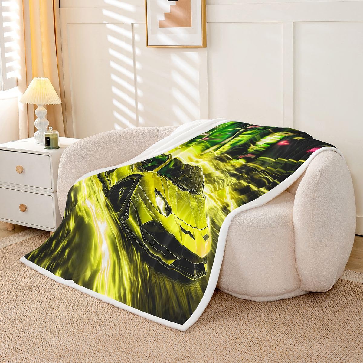 Homewish Żółty koc polarowy do samochodu, 229 x 229 cm, Speed Racing Car, ciepły, pluszowy koc sherpa, sporty ekstremalne, dla kochanka, puszysty, pluszowy, rozjaśniający łóżko, sofę i kanapę
