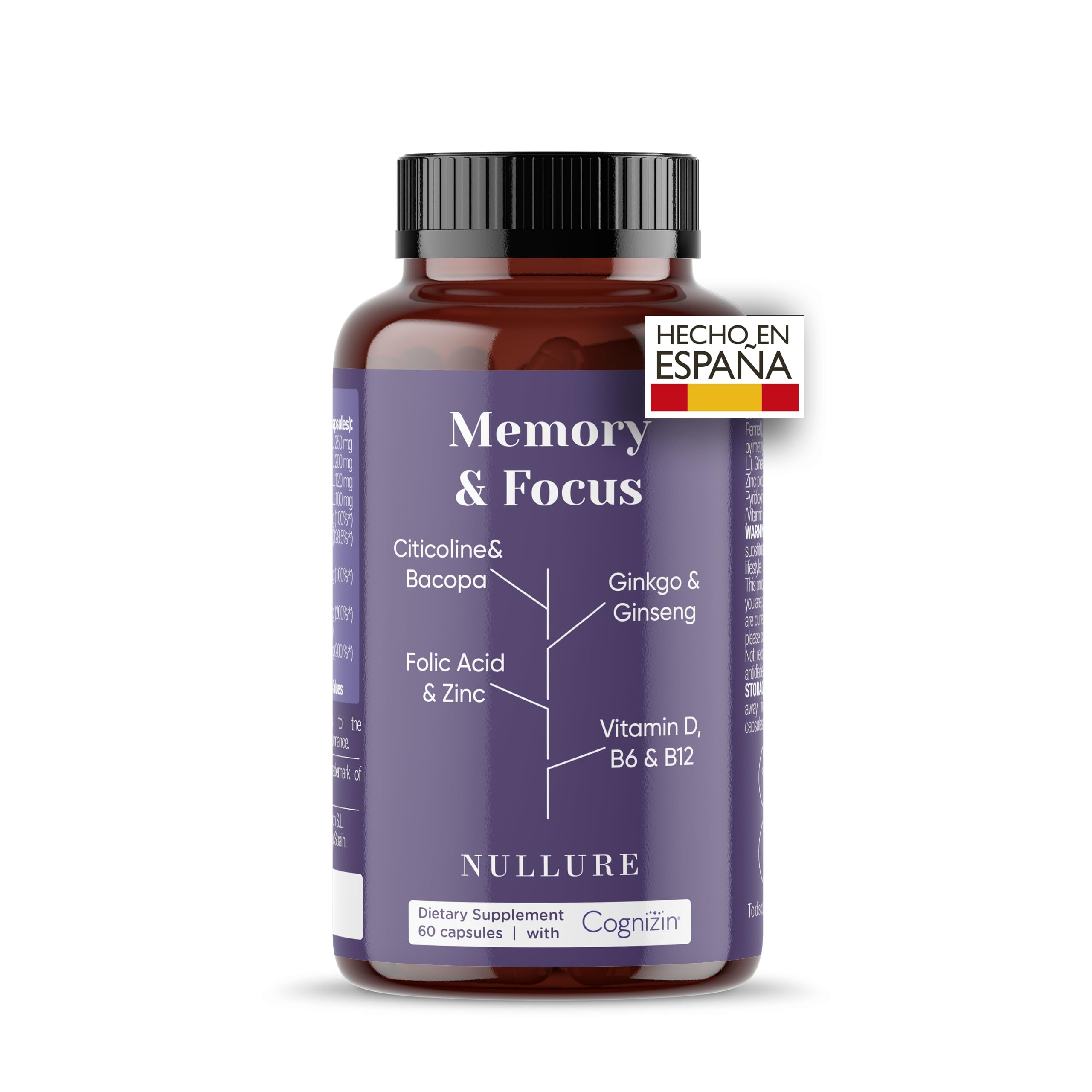 Nullure Memory & Focus Nootropico Potente | Sin Esterato de Magnesio y libre de aditivos | con Citicolina 250 mg COGNIZIN® | Memoria y Contrentración | Ginkgo Biloba · Bacopa Monnieri | 60 cap