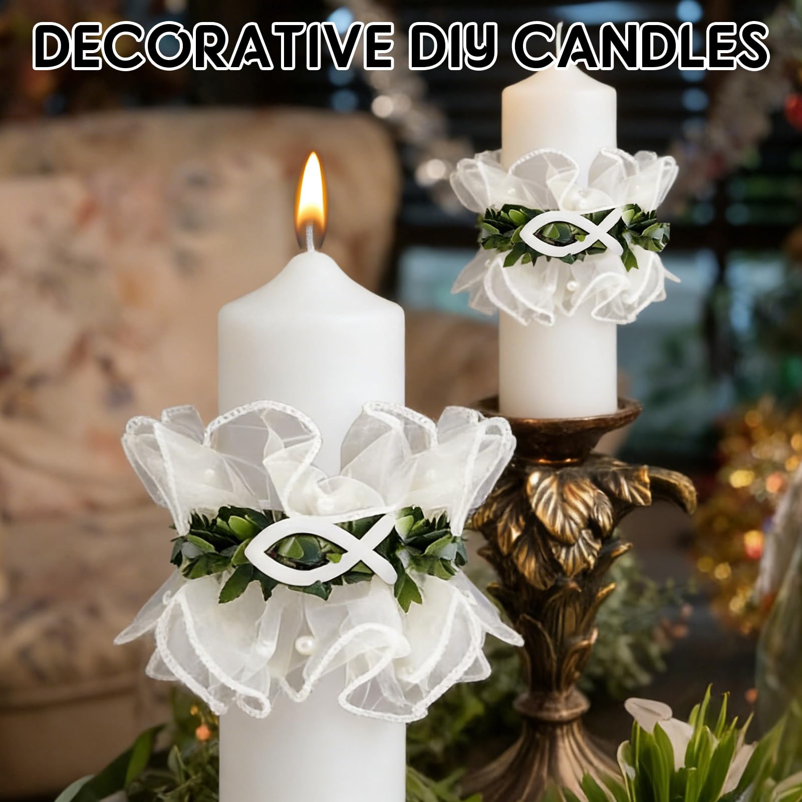 Dargkwn 2 velas antigoteo, para bautizo, comunión, gotas, falda de organza con decoración de peces, para bodas y bautizos, diámetro de 3-6 cm, color blanco — view 6