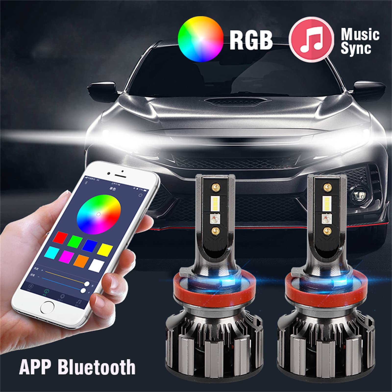 Kit De Conversión De Faros LED RGB Para Coche, Aplicación Bluetooth, Control De Coche, Luz LED, Bombillas LED Multicolor, IP68 A Prueba De Agua, Paquete De 2,H1