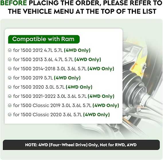 Pair (2) Front CV Axle Shaft Assembly fits for Ram 1500 (only 4WD) 3.0L 3.6L 4.7L 5.7L 2012-2022, for Ram 1500 Classic (only 4WD) 2019-2020, Driver and Passenger Side,not for RWD/2WD
