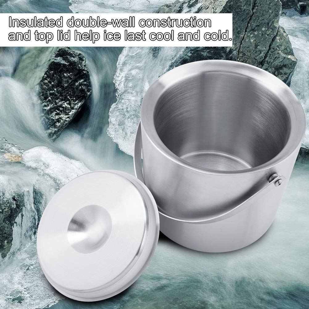 Seau à Glace Isotherme Double Paroi en Acier Inoxydable avec Couvercle Ustensiles pour Bar et Vin (3L)