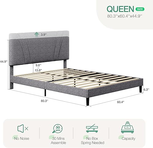 Miniatura 2 de Novilla Marco de cama Queen tapizado de lino, marco de cama Queen con plataforma Queen, marco de cama Queen con cabecero ajustable, no necesita