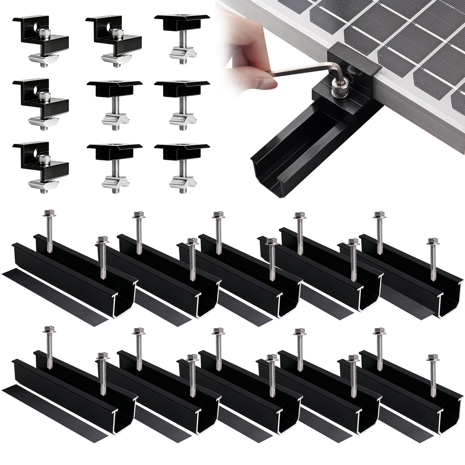 Solarmodul Halterung, Solarmodul Halterung für 4X Module, 12CM Schwarze Schiene + Verstellbare Klemme für 30-35MM Dicke Module, Alu Solarpanel Halterung Flachdach Trapezblech Blechdach