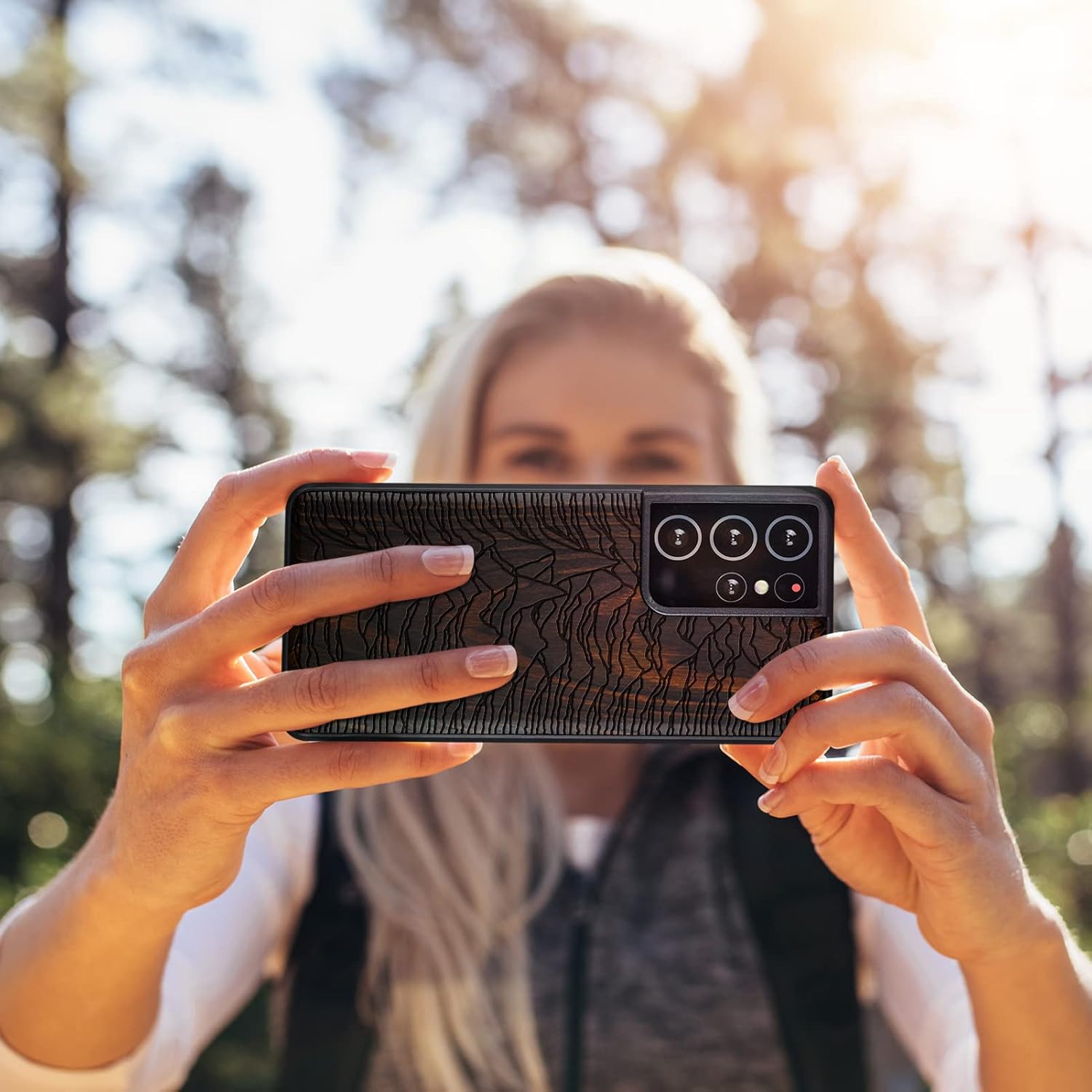 Carveit Wood Case for Galaxy S21 Ultra Case [Natural Wood & Black Soft TPU] Shockproof Hybrid Protective Unique Wooden Cover Compatible with Samsung S21 Ultra 5G (Unknown Pleasures-Blackwood)