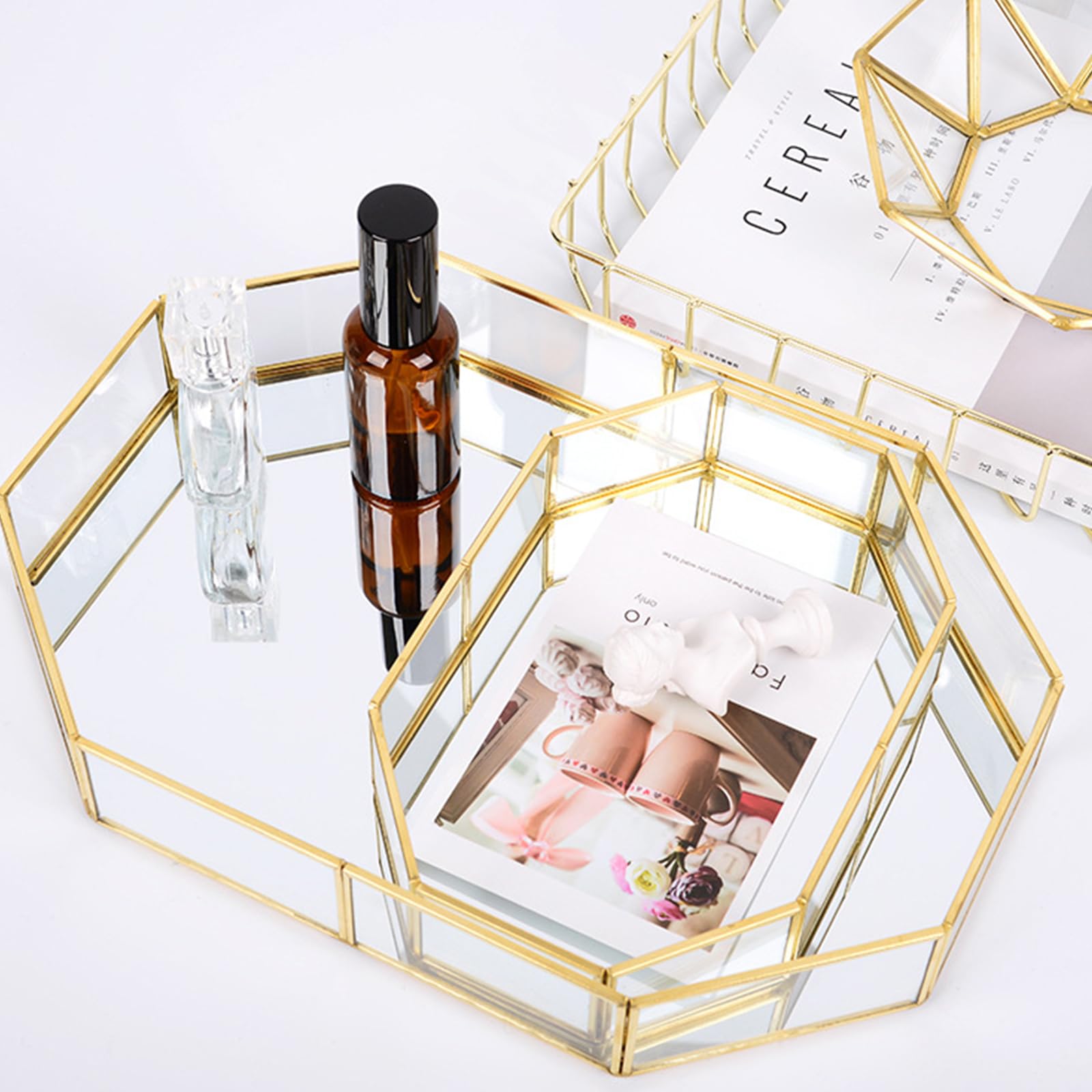 Bandeja de cristal dorado con espejo, bandeja decorativa de polígono, organizador de perfume, bandeja de maquillaje para tocador, mesa, decoración del hogar, 31,5 cm