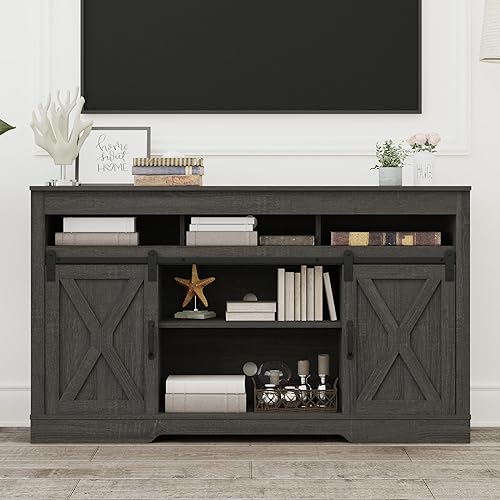 Soporte de TV para TV de más de 65 pulgadas, centro de entretenimiento con puertas corredizas de granero, estantes ajustables de 3 alturas, soporte