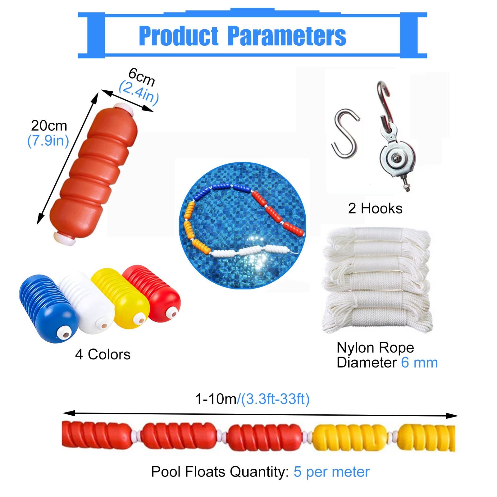 Barrière de sécurité flottante pour piscine - Résistant aux UV - Respectueux de l'environnement - Corde de sécurité et flotteur - Idéal pour la séparation des voies dans les eaux peu profondes ou
