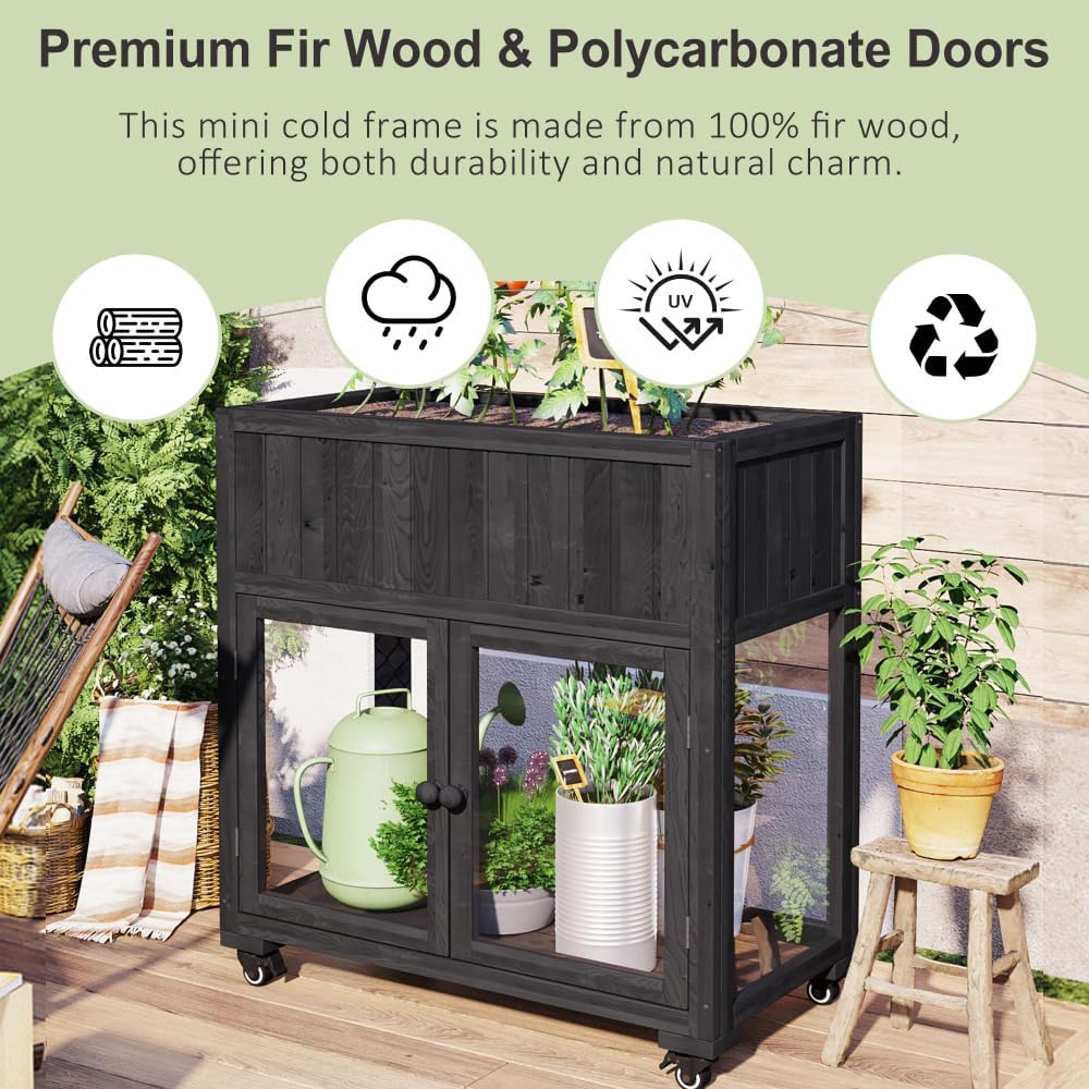 Compact Wooden Cold Frame Greenhouse with Dual Doors and Mobility Wheels for Season Extension, Indoor Outdoor Gardening Use (Black + Wood + Casual)