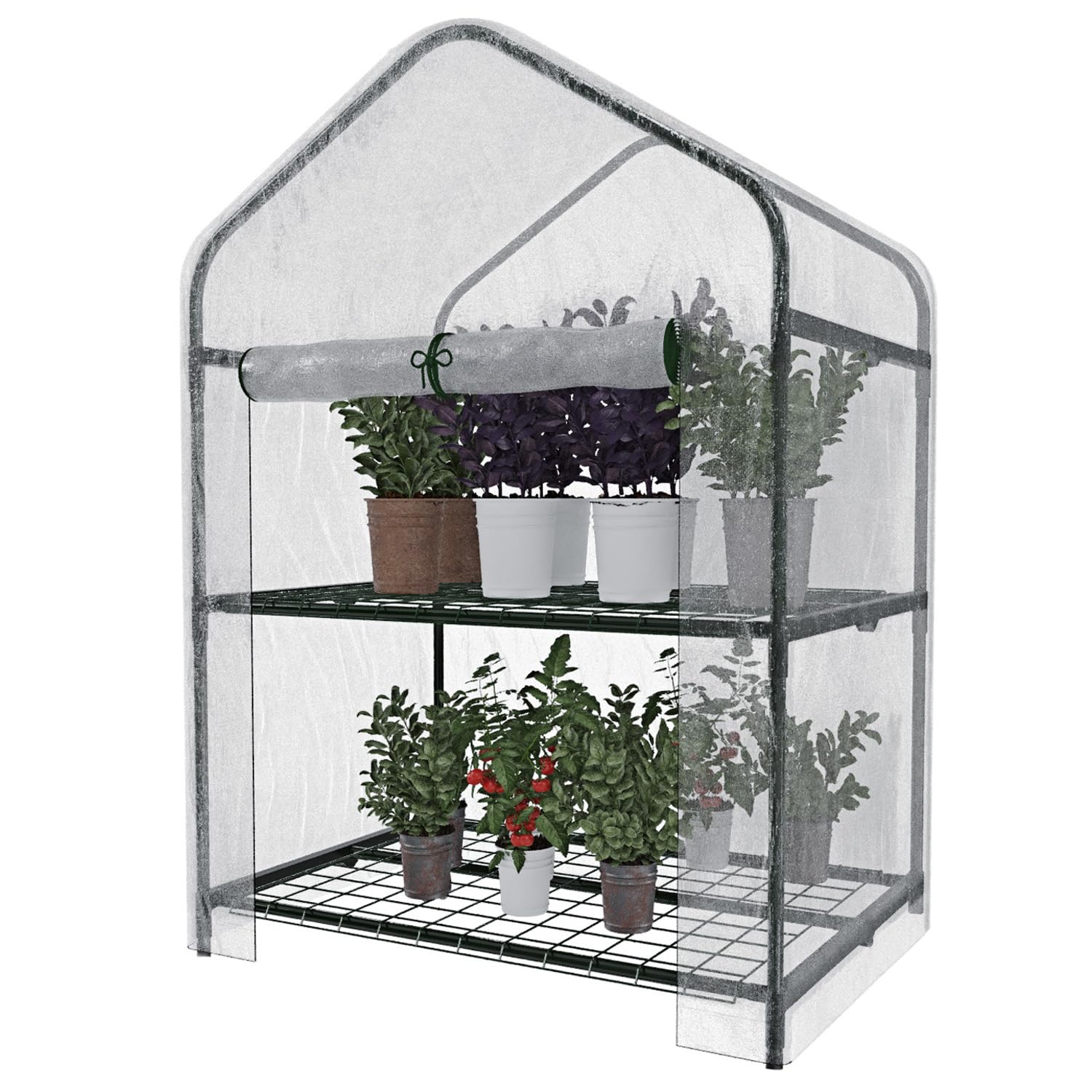 BRICOZONE Serra Da Giardino Per Orto A 2 Ripiani Telo In PVC Trasparente Telaio In Acciaio Verniciato Porta Avvolgibile Apertura A Cerniera Protezione Piante Giardinaggio (2 Ripiani)