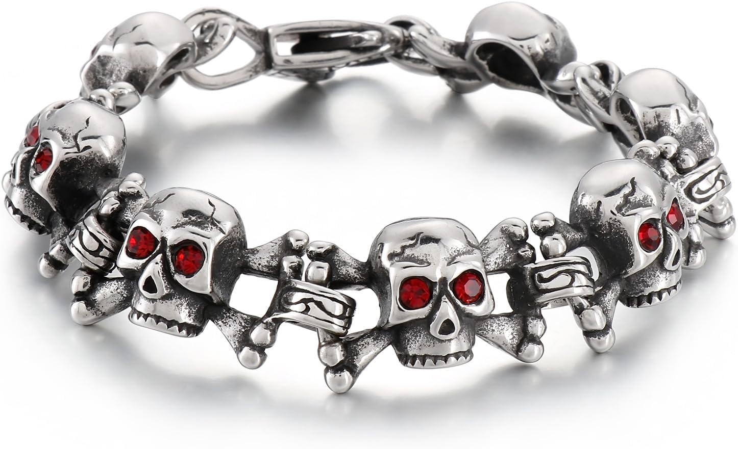 Skull Bracelet Halloween Ghost Head Skull Bracelets for Men with Red Eyes and Crossed Skulls Unique Stainless Steel Hip Hop Gothic Jewelry