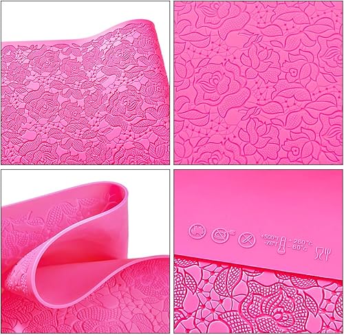 Miniatura 4 de Tapete de silicona para fondant, molde de encaje con impresión de rosas (16 x 12 pulgadas, rosa rosa)