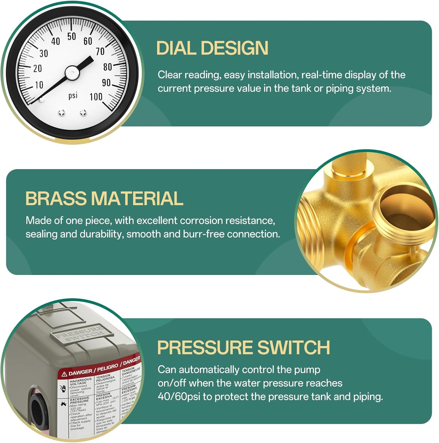 Brass Well Pressure Tank Tee Kit with 40-60PSI Pressure Switch, 100Psi Pressure Gauge, Valve, DN25Check Valve, Pagoda Joint, Hose Clamp, for Well Pressure Tank with Diameters Up to 16"