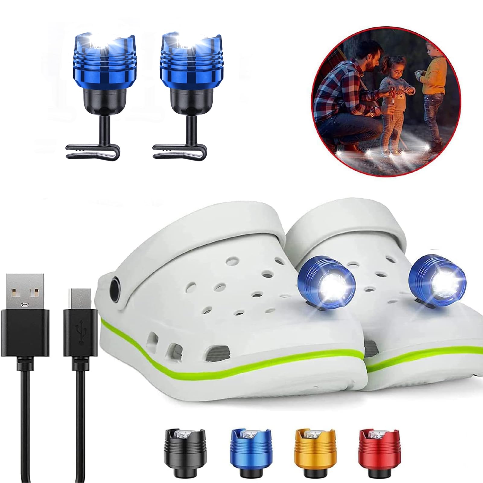 2 Pcs Rechargable Blue Headlights for Crock, Outdoor Waterproof LED Flashlight for Shoes, Clip on Crock Light Attachment Charm, Accessories for