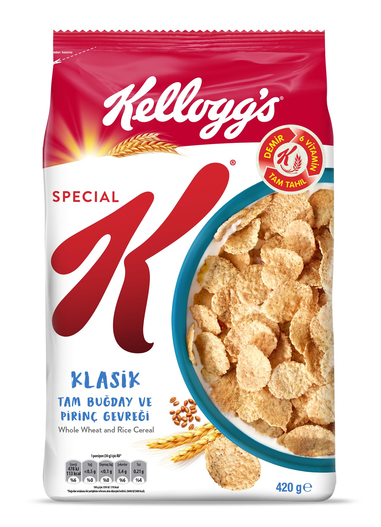Kellogg's Special K Klasik Kahvaltılık Tam Buğday ve Pirinç Gevreği 420 Gr,Tam Tahıllı,Lif Kaynağı,Demir ve 6 Vitamin Kaynağı,Folik Asit ve Minarel içerir,Tam Buğdaylı,Vitamin B12