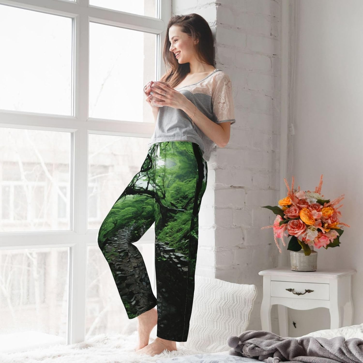Tree Art Print Cozy Christmas Pajama Pants,Flannel Pajama Bottoms,Cater To Various Body Types