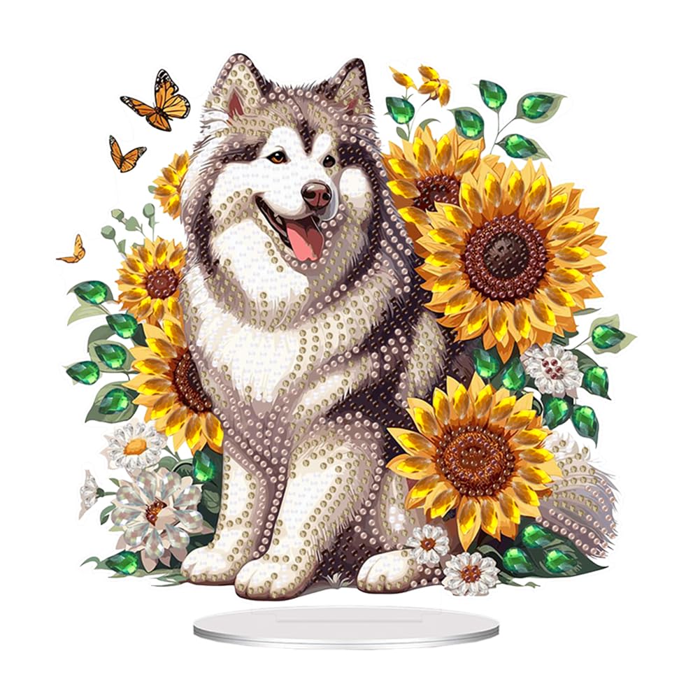 5D DIY Christmas Diamond Art Painting Desktop Kit, Acrylic Special Shaped Tabletop Ornaments for Beginners, Xmas Table Top Diamond Art Crafts for Home Office Decor-Sunflower Dog