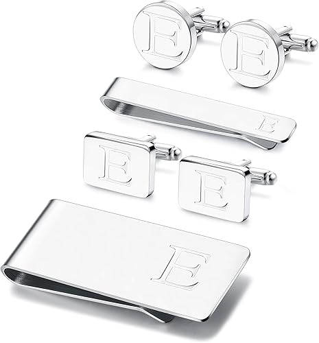 JOERICA Juego de 6 gemelos grabados con inicial, barra de corbata, clip para dinero, camisa con letras del alfabeto, cartera y gemelos, Cobre,