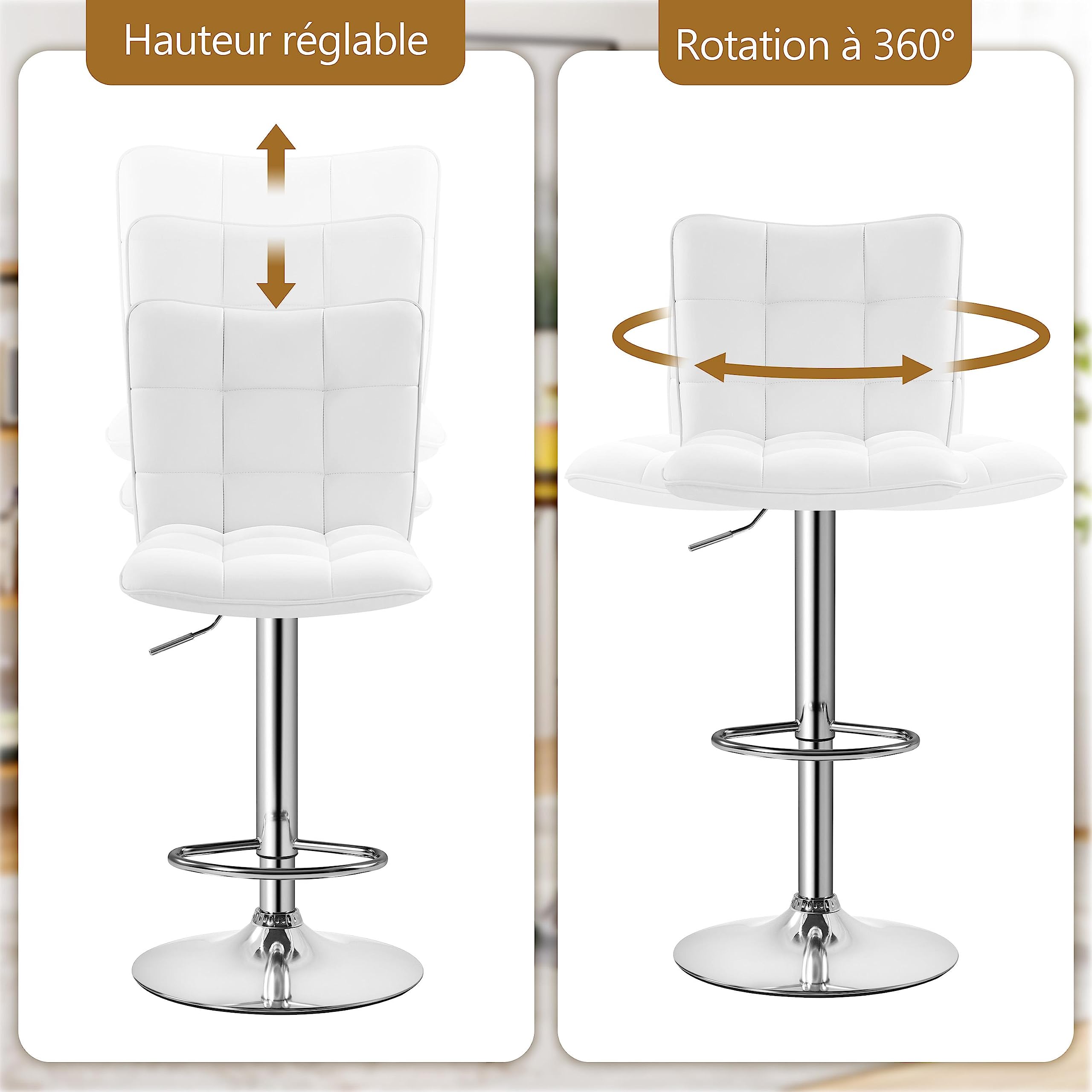 Yaheetech Lot de 2 Tabourets de Bar en Similicuir Réglables en Hauteur Chaises de Bar Assise Pivotante à 360° Tabourets de Cuisine pour Bar Salle à Manger Comptoir 50 × 43,5 × 92,5 cm 2/Blanc
