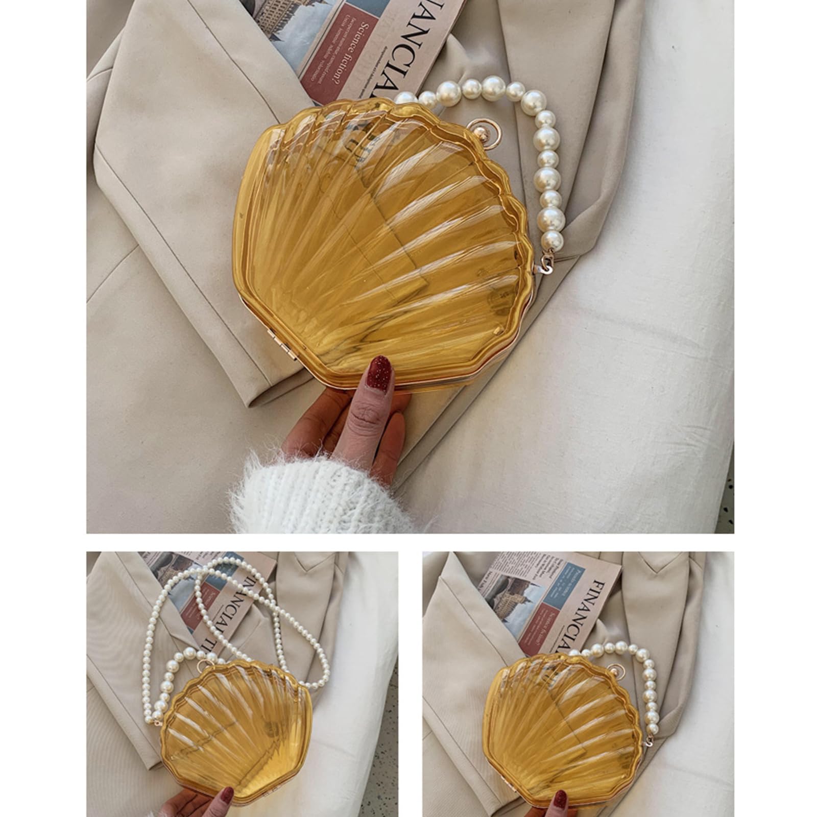 Borsa A Tracolla In Acrilico Trasparente Con Catene Oro E Perle, Pochette Da Sera Rigida Per Donna, Dimensioni 20x11x5.5 Cm, Per Matrimoni E Feste