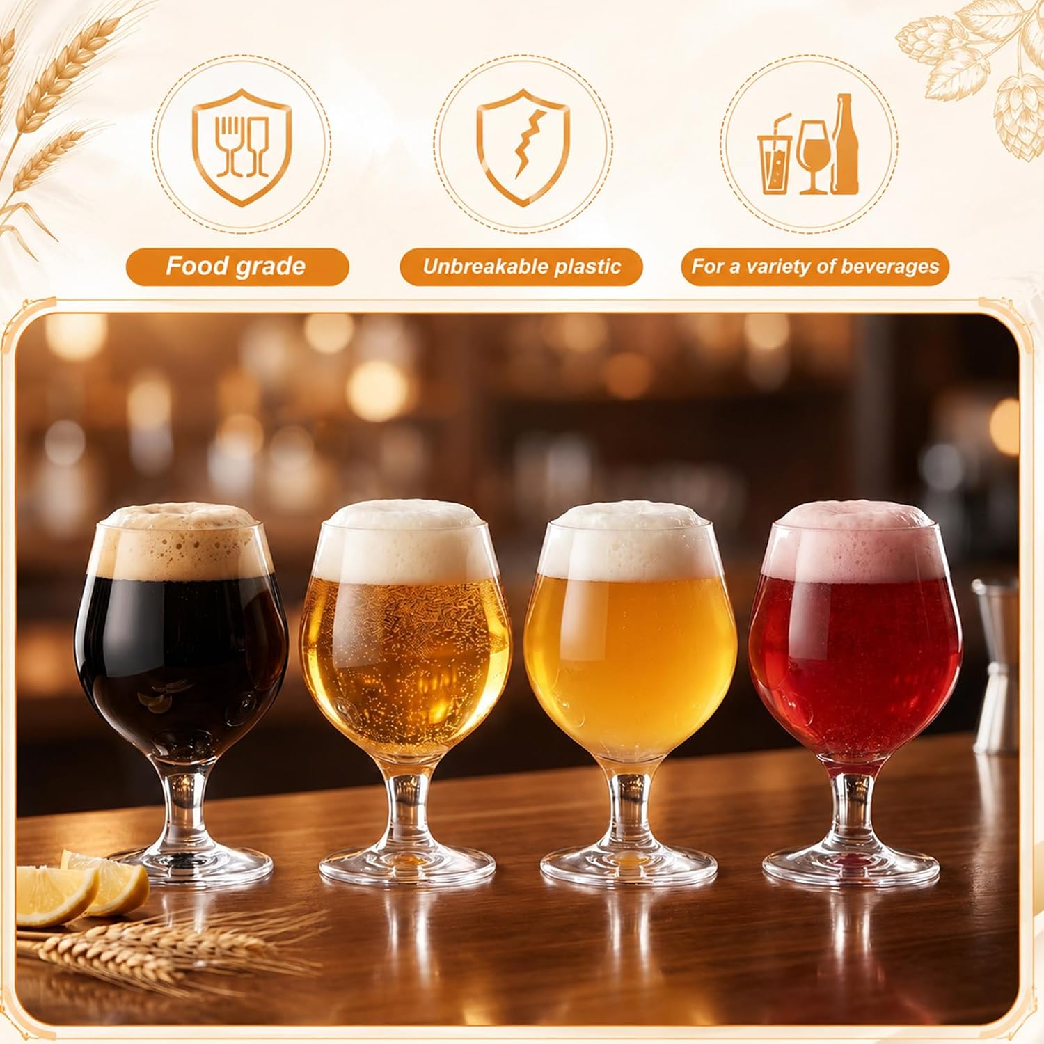 13 oz Goblet Glasses Set of 6, Dishwasher Secure Shatter Proof Beer Glasses with Stem, Ideal Water Goblet for Outdoor Party, Poolside, Belgian Ale, Cocktail, Juice