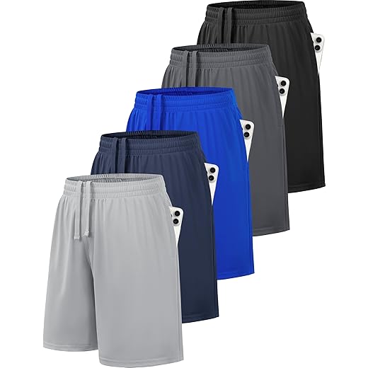 MLYENX 5 Pack Boys Athletic Shorts Active Performance Youth Kids Basketball Shorts Quick Dry with Elastic Waist Pockets