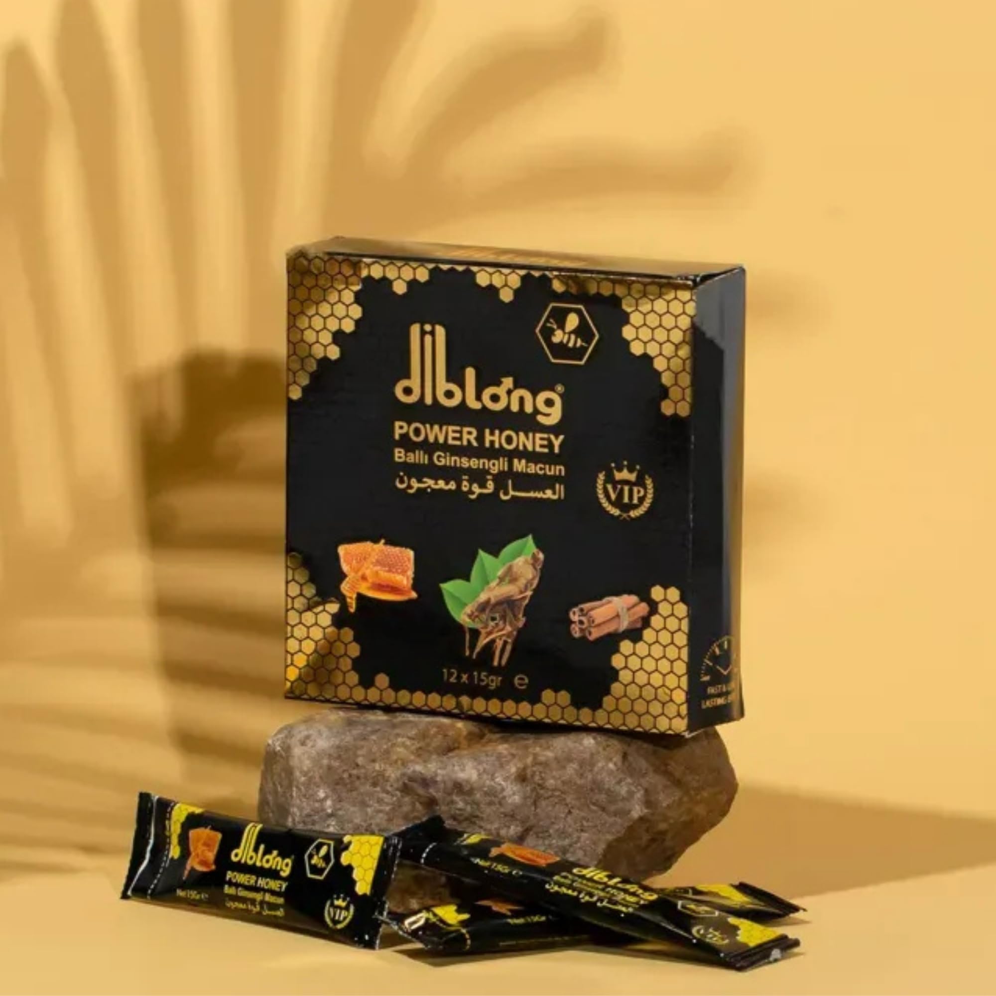 Diblong Natural Herbal Honey – Pack of 12 Sachets x 15g – Honey with Ginseng, Maca & Royal Jelly – Made in Turkey