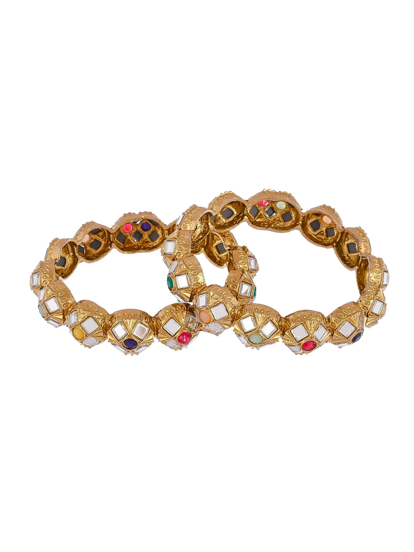 Women's Brass Gold-Plated Stone-Studded Mirror Bangles, Gold, Set Of 2-image-21