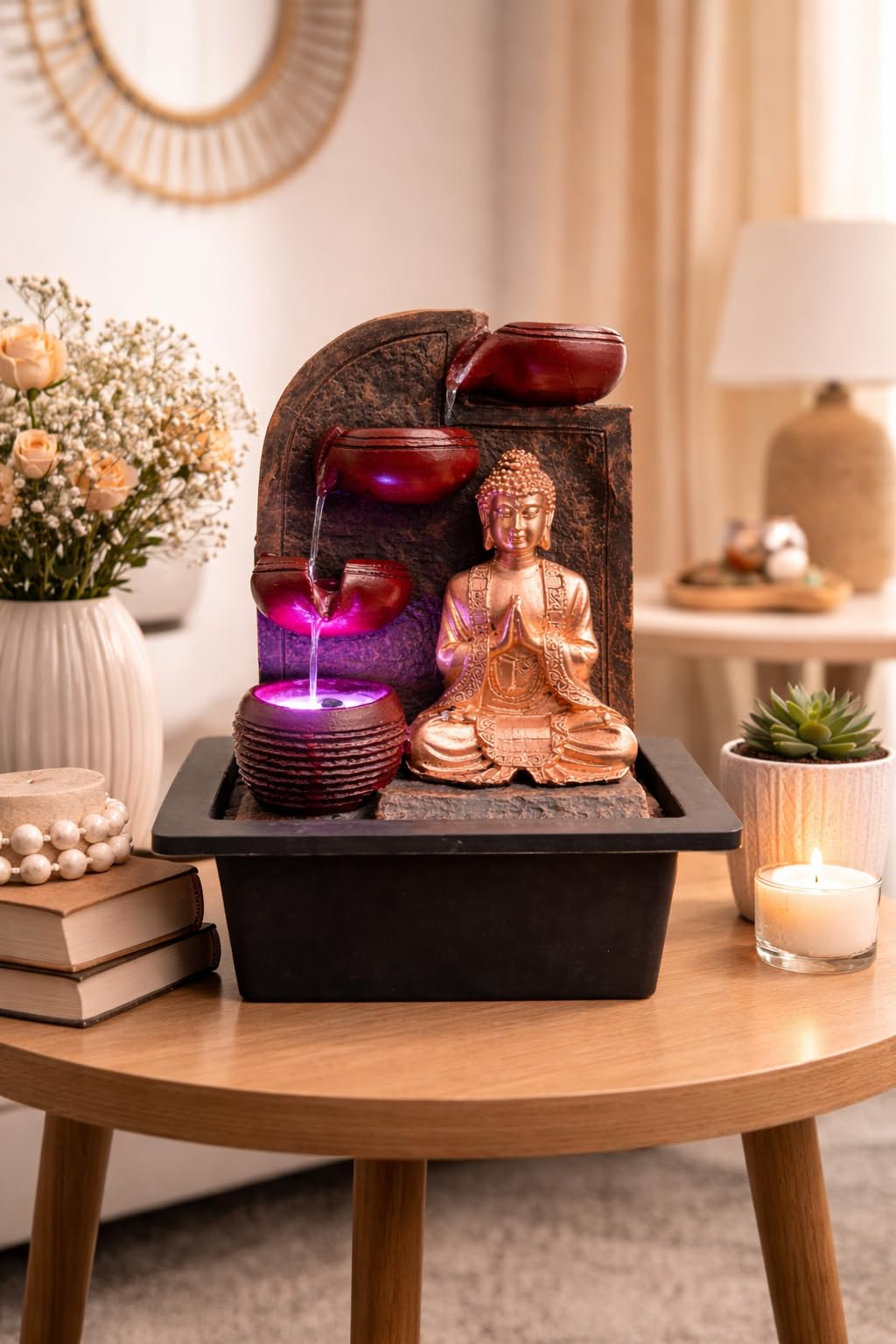 CHRONIKLE Polyresin Table Top Golden Brown Namaskara Mudra Buddha Home Decor Indoor 3 Steps Water Fountain with Yellow LED Lights & Speed Controller Pump (Size: 25 x 21 x 18.5 CM | Weight: 1170 grm)-image-47
