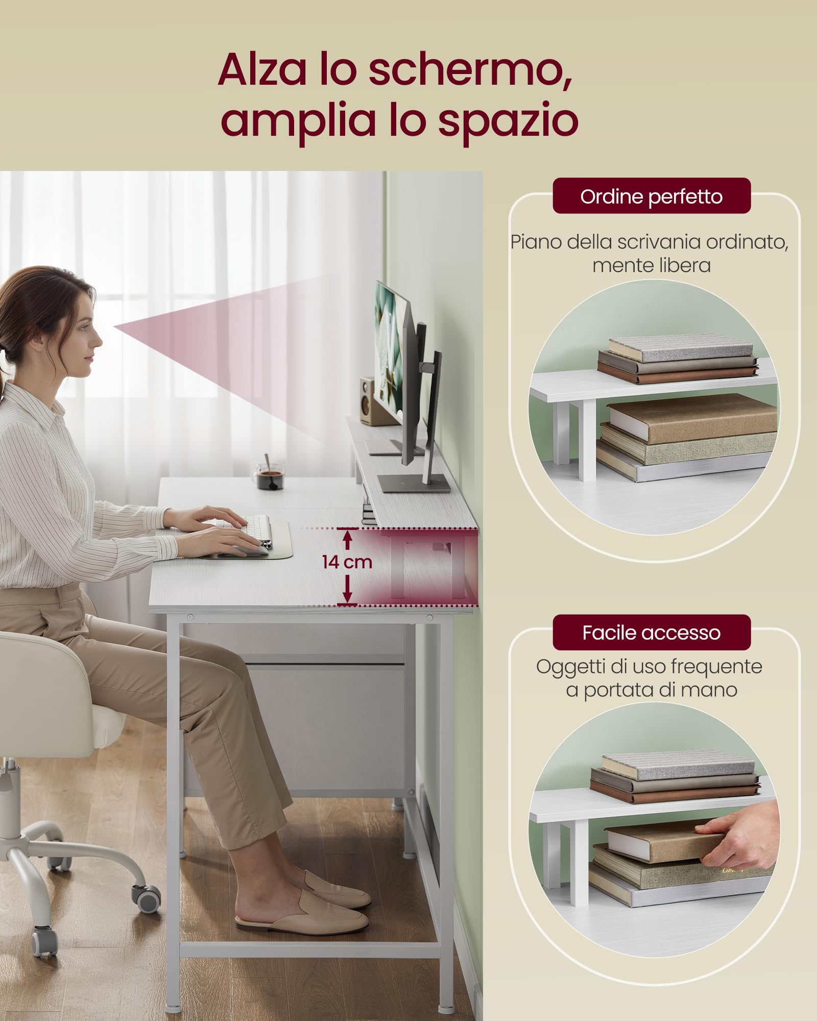 VASAGLE Scrivania per Computer con Cassetti in Tessuto, Supporto per Monitor, Scrivania da Ufficio, 2 Prese AC, 2 Porte USB-A, 120 x 60 cm, Bianco Acero LWD093W01V1
