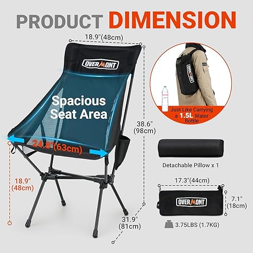Miniatura 3 de Overmont Silla de camping portátil de respaldo alto, soporte de 440 libras, silla plegable ligera de gran tamaño para adultos, compacta con almohada