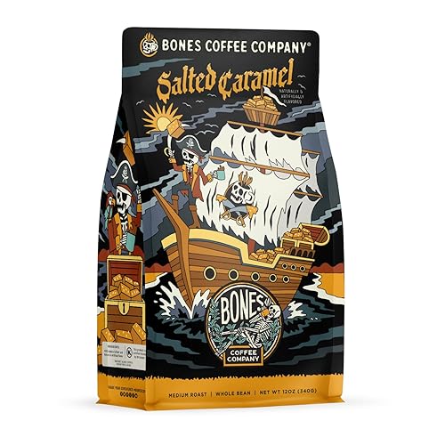 Bones Coffee Company Salted Caramel Café con sabor a caramelo salado, granos arábica de tostado medio bajo en ácido, para cafetera de goteo