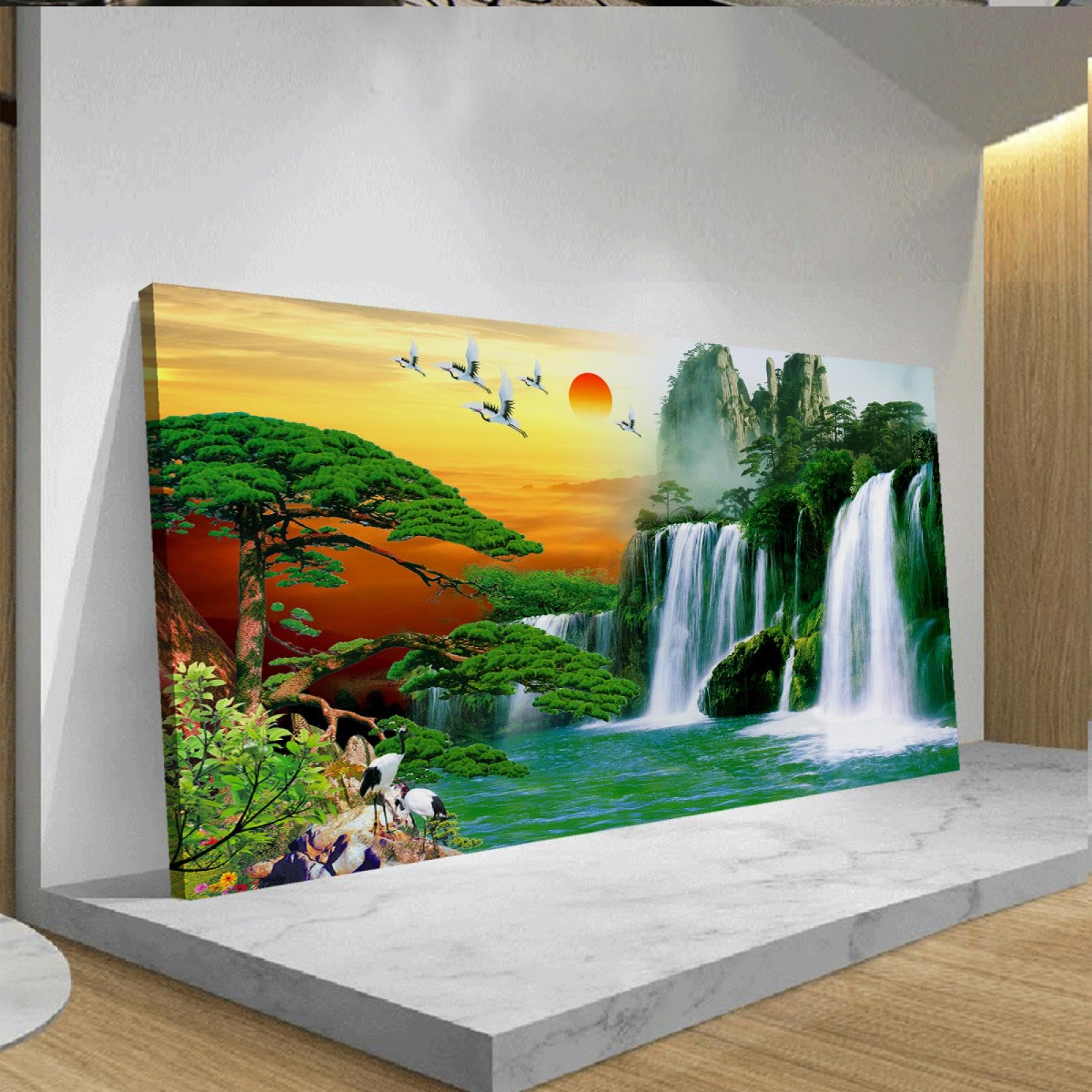 Via Vela Cascade grue toile art mural accueillant pin scénique coucher de soleil peinture photos œuvres d’art impressions nature affiche pour intérieur couloir décor 25x50cm cadre intérieur